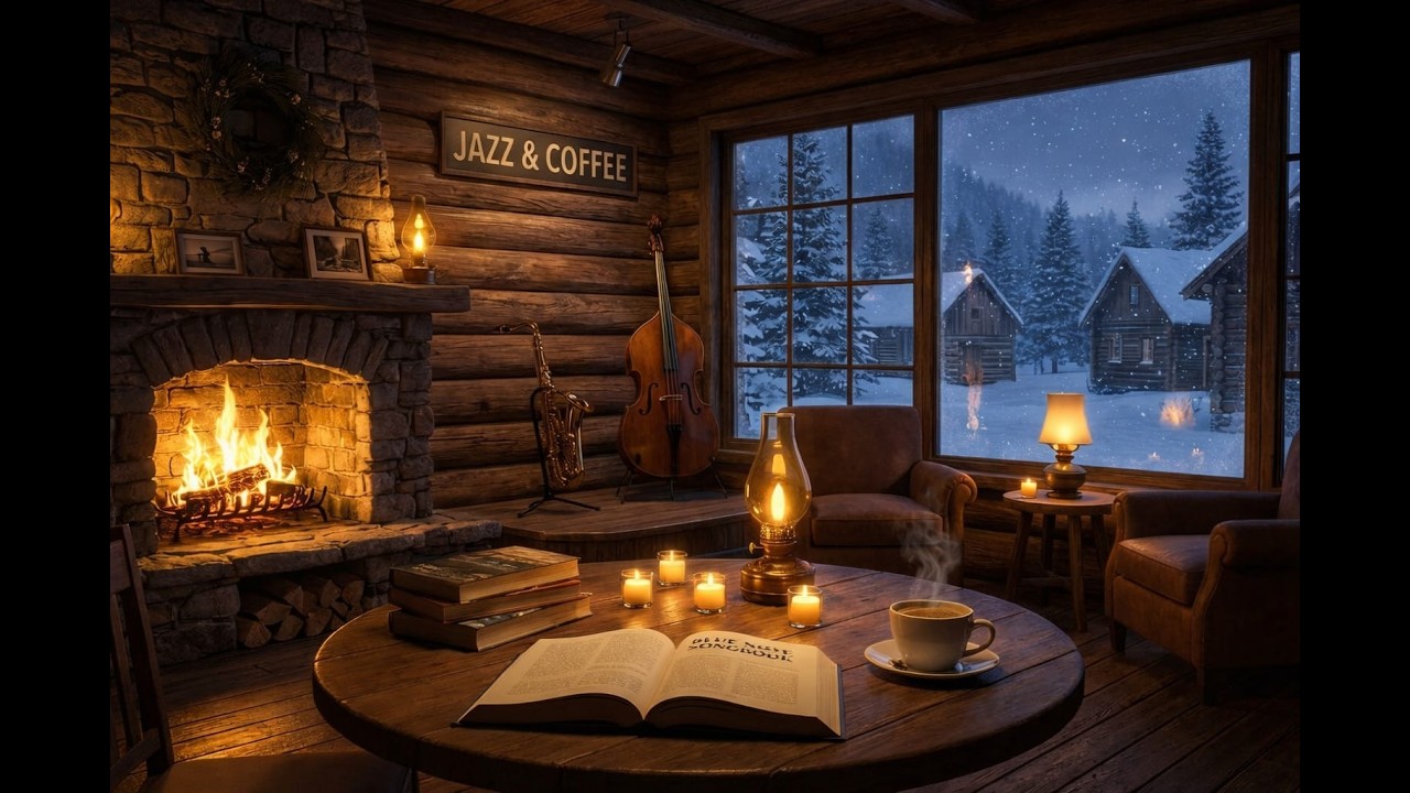 Snowstorm Coffee Shop Ambience ☕❄️ Warm Fireplace Jazz for Deep Sleep, Study, Work & Relaxing