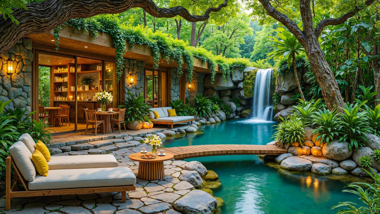 Hidden Forest Waterfall Café Jazz 🌿 Relaxing Jazz Music in a Peaceful Nature Retreat