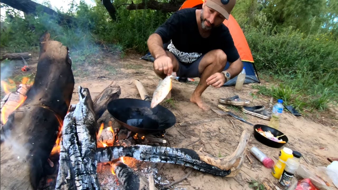 Acampando solo, UNA SERPIENTE ME ATACA, pesca y cocina en la isla, pesca urbana