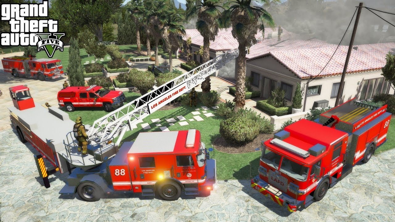 Мод «Пожарный» для GTA 5: оперативная группа полиции Лос-Анджелеса реагирует на пожар в День благ...