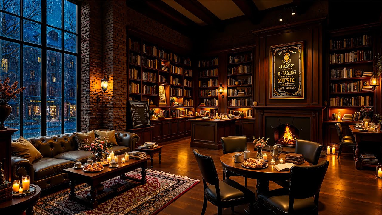 Warm Jazz Piano at a Bookstore Cafe Ambience ☕ Smooth Jazz Music & Rain Sounds for Reading, Working