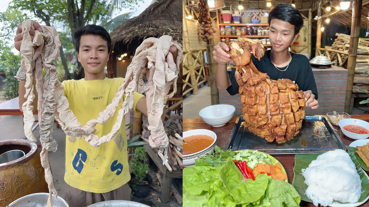 Chef Ny cooking style: Crispy pig leg, Pig intestine sweet, Fry pig lung, Banana blossom fry