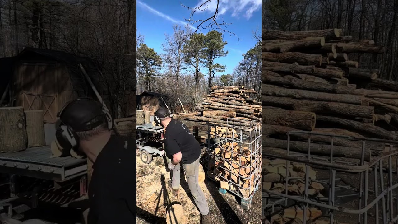 Splitting firewood rounds with the homemade splitter