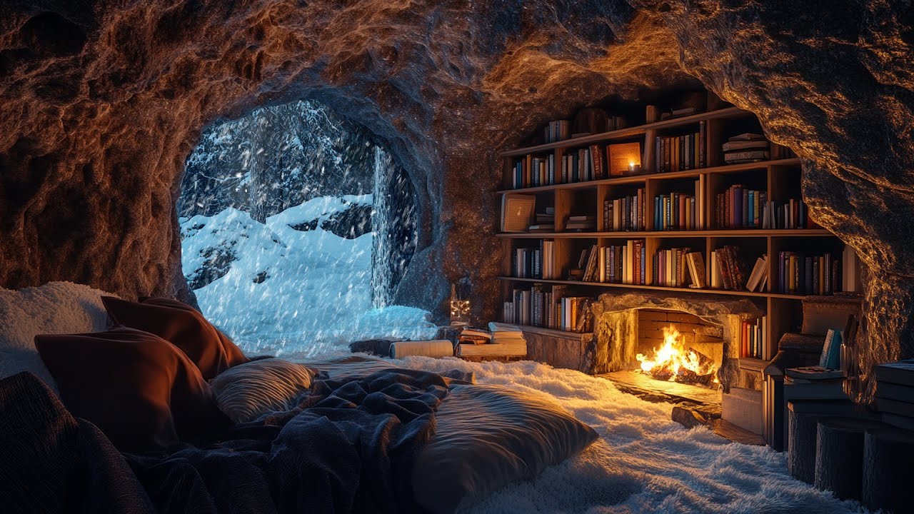 Tranquil Winter Nights ❄ Drift to Sleep by the Fire with Soft Snowfall on Forested Mountains