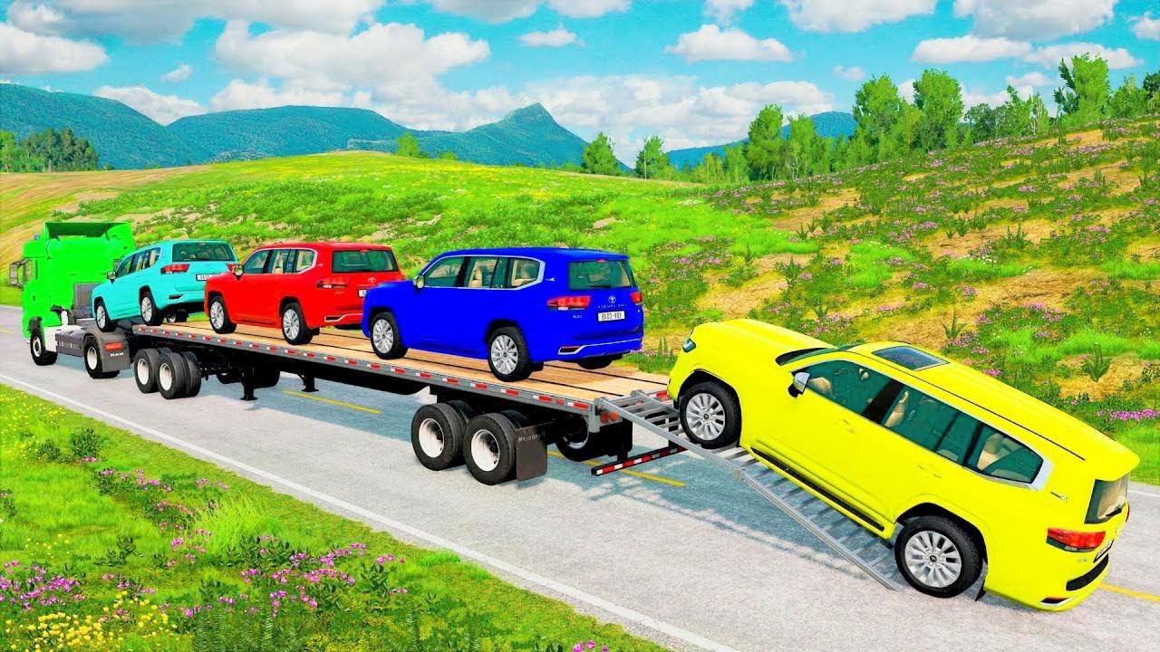 Triple Flatbed Trailer McQueen Transportation with Truck - Speedbumps vs Cars vs Train - BeamNG #236