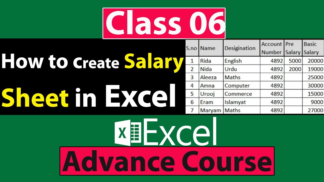 How to Create Salary Sheet in Excel in Urdu - Class No 06