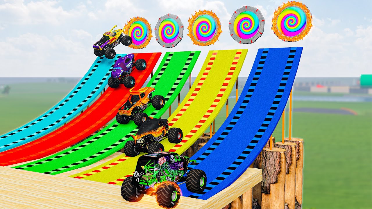 5 Monster Trucks VS Portal Trap - BeamNG Monster Truck Crashes