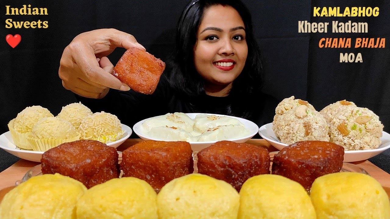 Eating Joy Nagarer Moa, Malai Chum Chum, Kheer Kadam, Chana Bhaja, Rasgulla | Indian sweets Mukbang