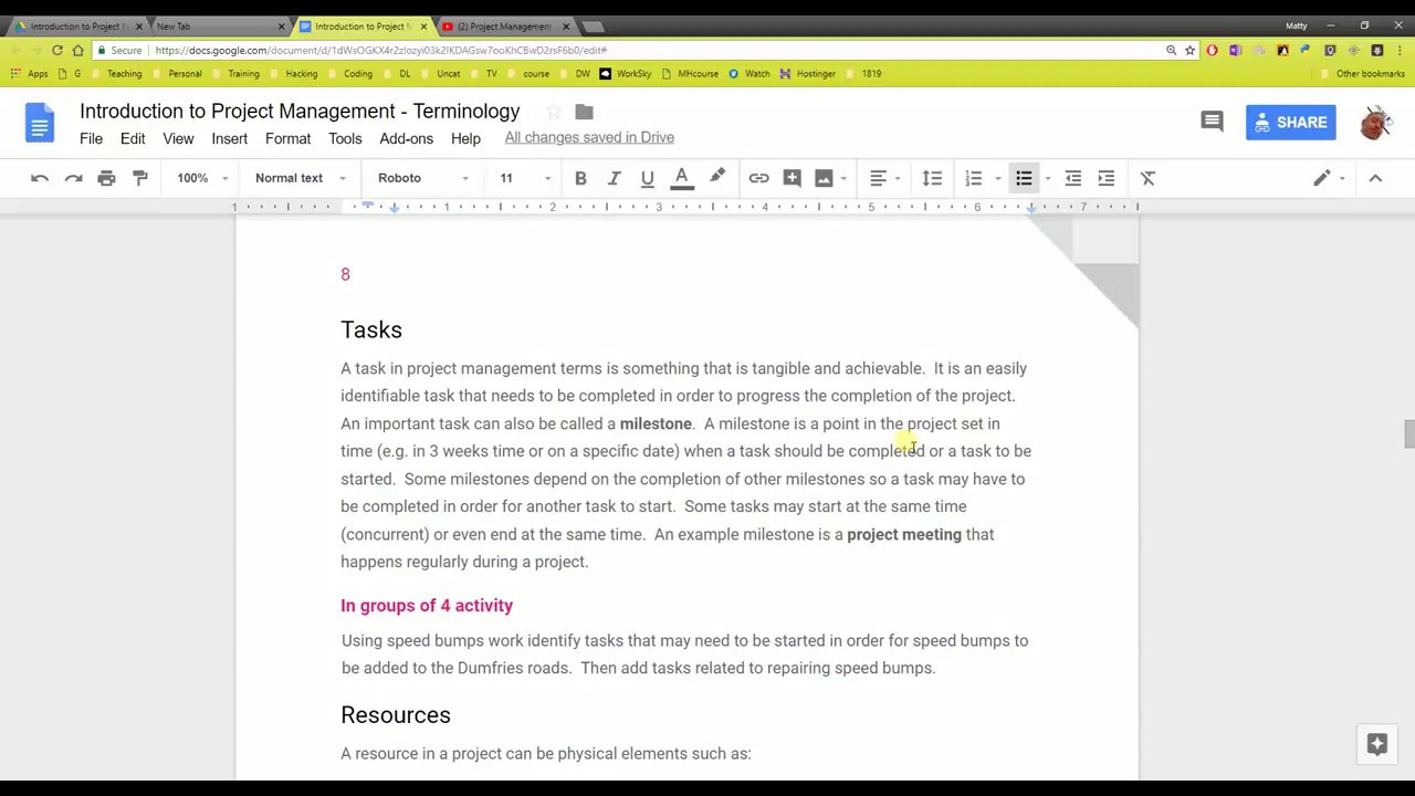 Terminology - 4 Task, Milestone, Resource, Brainstorm