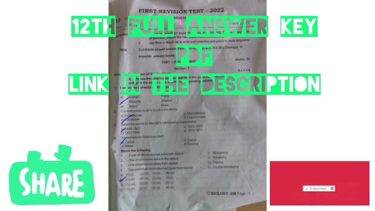 12th Biology & Botany First Revision Exam Answer Key | 12th Bio-zoology Exam Answer Key 2022 | TN