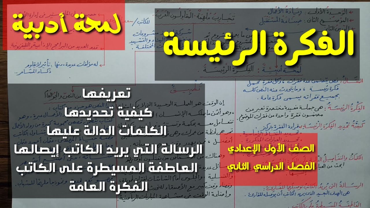 لمحة أدبية ، الفكرة الرئيسة ـ  تطبيقا على درس 
