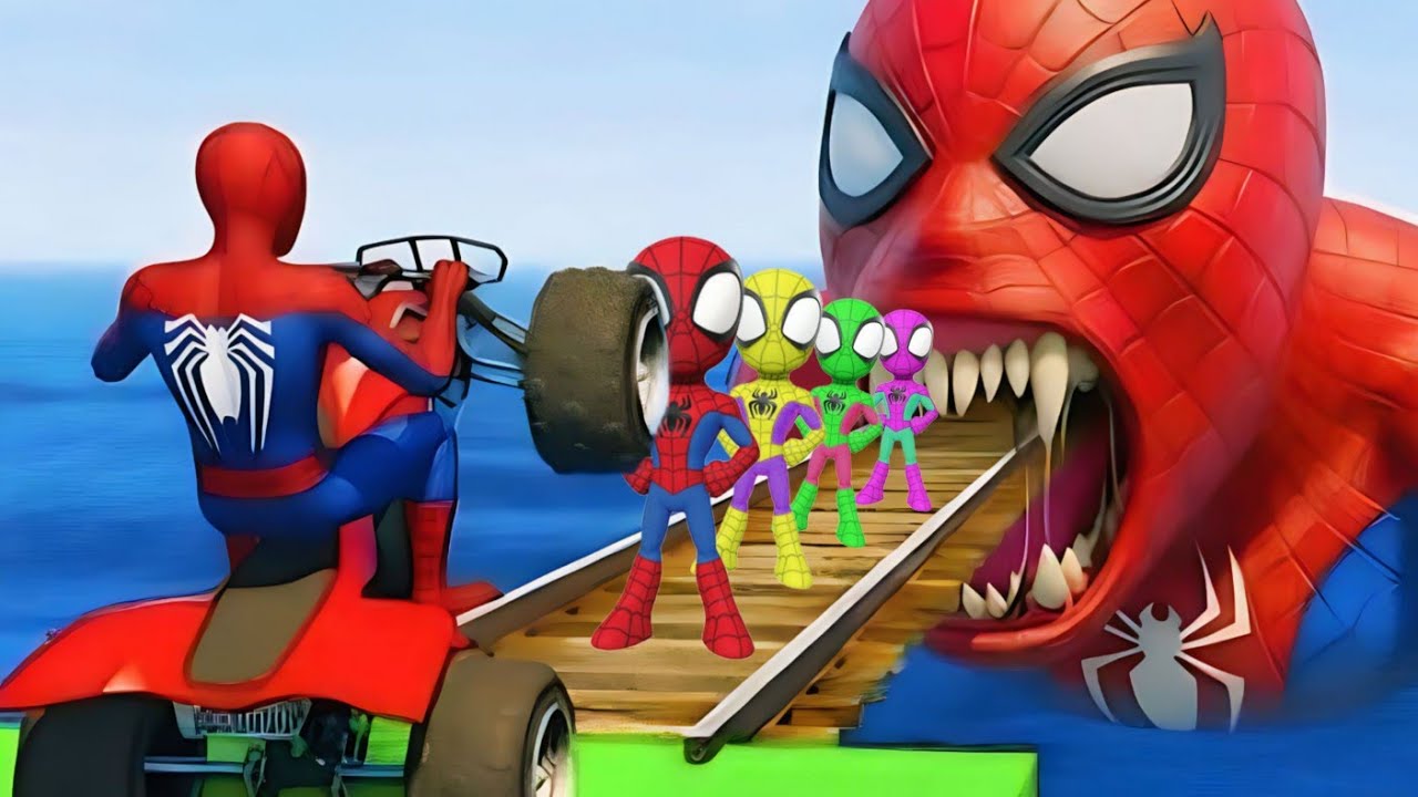 سبايدر مان اصعب دراجة نارية فوق اسماك القرش - Superheroes Ride on Motorcycle Stunt Funny Moments?
