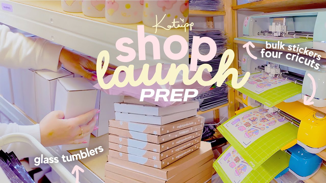 shop launch prep 🌸 bulk making stickers using four cricut machines & stocking glass tumblers