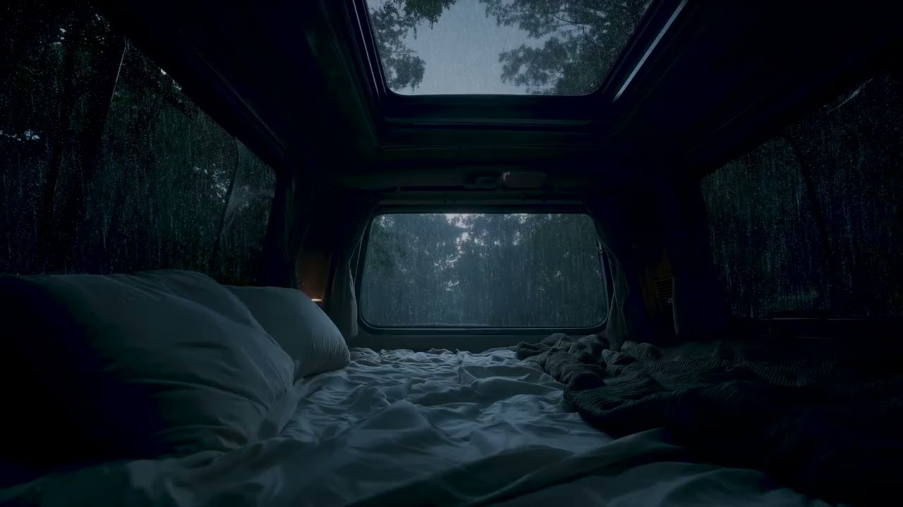 Night Forest Rainstorm in a Quiet Camper Van for Deep Sleep | Relaxing Rain Sounds for Insomnia