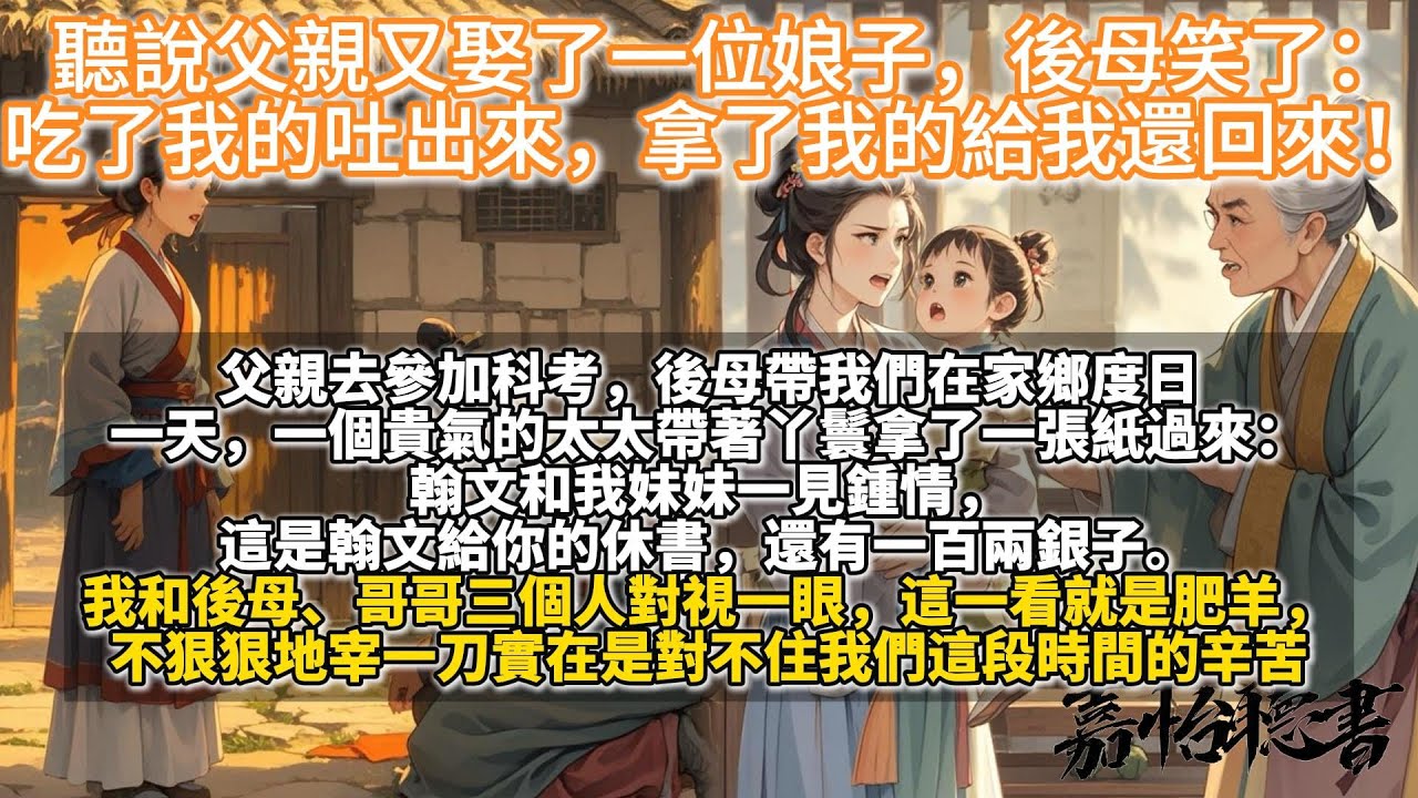 完結會心一笑可愛種田爽文：聽說父親又娶了一位娘子，後母笑了：吃了我的吐出來，拿了我的給我還回來！父親去參加科考，後母帶我們在家鄉度日。 結果一個胖太太送來了一份休書