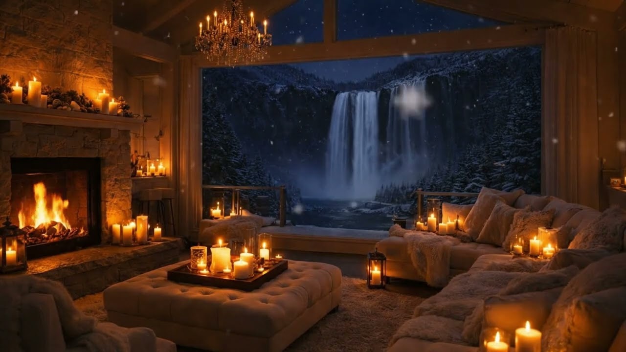 Snowy Night Fireplace & Waterfall View ❄️ Candlelight Cabin Ambience for Sleep, Relax