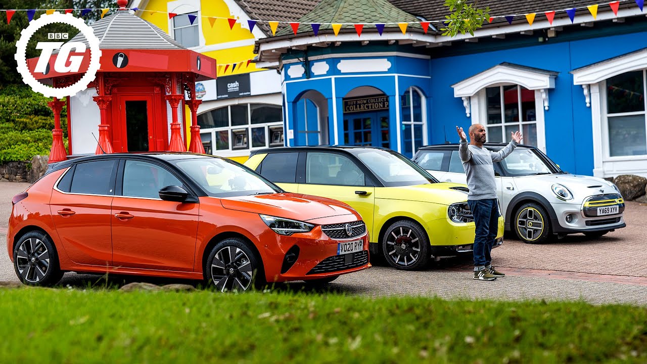 HONDA E vs CORSA-E vs MINI ELECTRIC: Racing EVs around empty Alton Towers | Top Gear