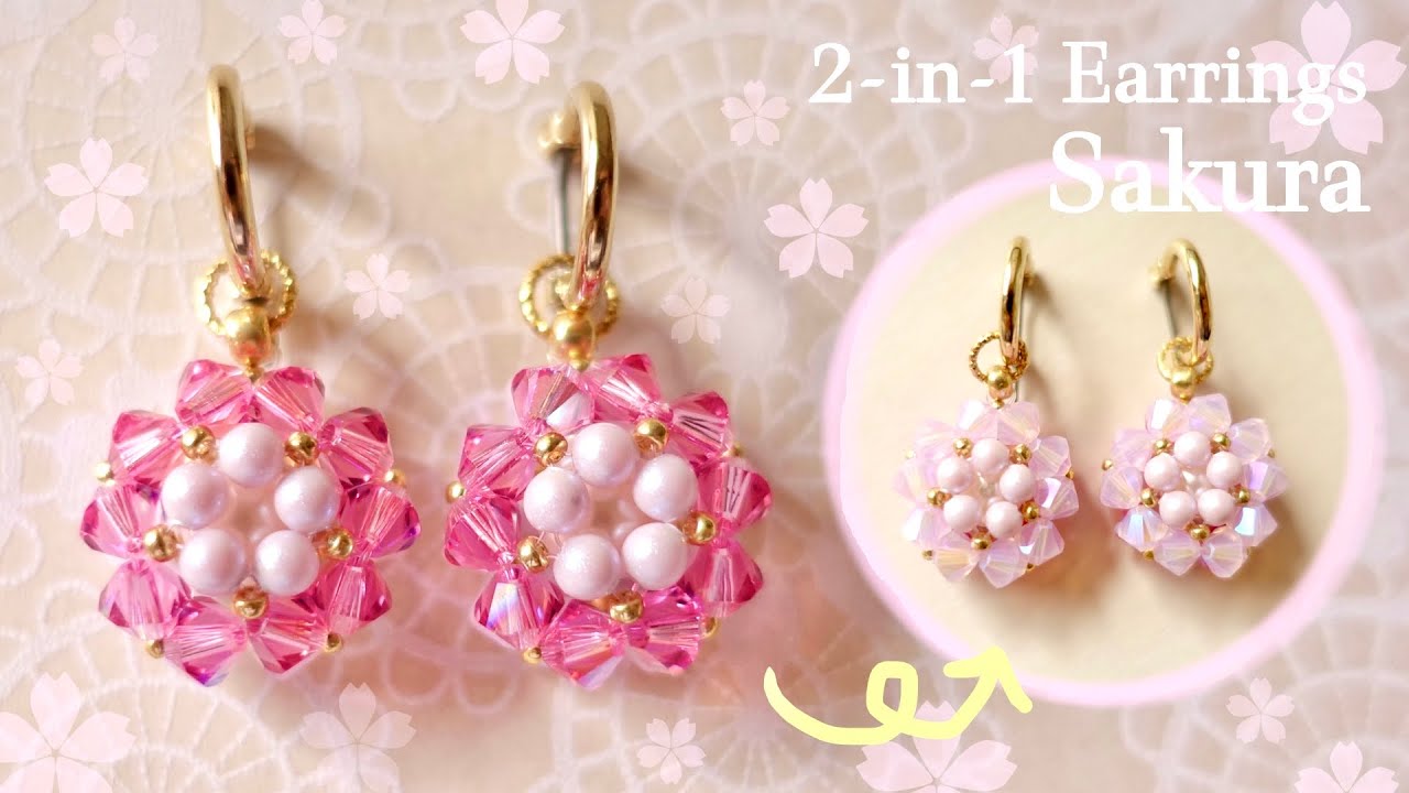 DIY🌸リバーシブル桜ピアスの作り方✿ Sakura 2-in-1 Earrings Beaded Charm Tutorial Reversible Cherry Blossom pendant