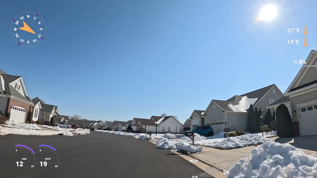 36 min 4K Video: Snow Bright Neighborhood Ride After the Storm, Virginia with telemetry overlay