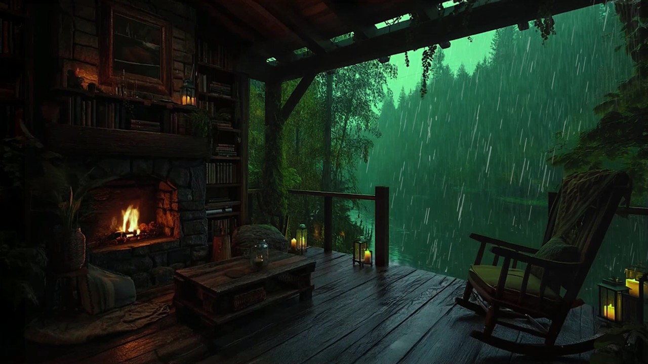 Experience Deep Relaxation with Rain & Fire Place In Cozy Wooden Cabin 🛖  Ease Into Sleep with Rain