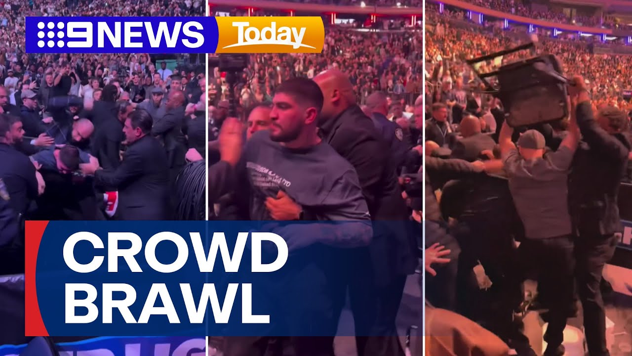 Violence flares at UFC event as major crowd brawl breaks out | 9 News Australia