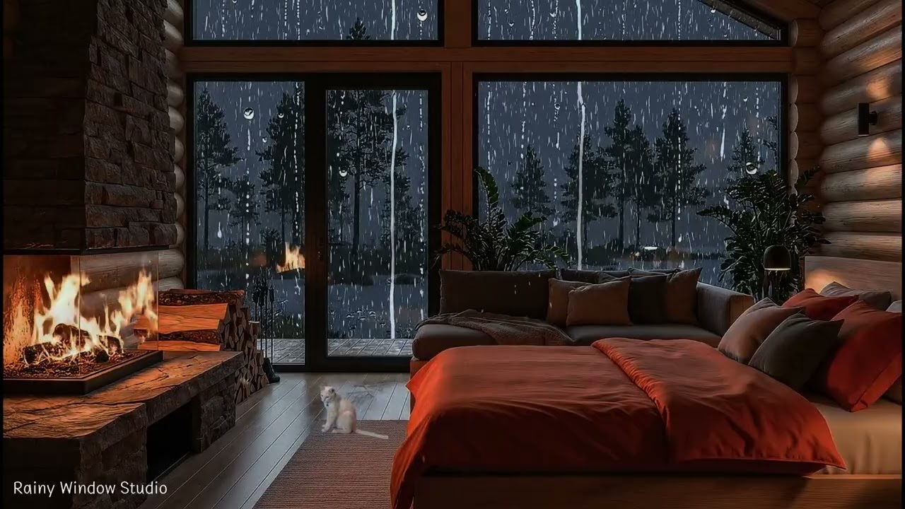 Rain Sounds on Glass with Fireplace – Cozy Cabin Night, Deep Sleep, No Ads