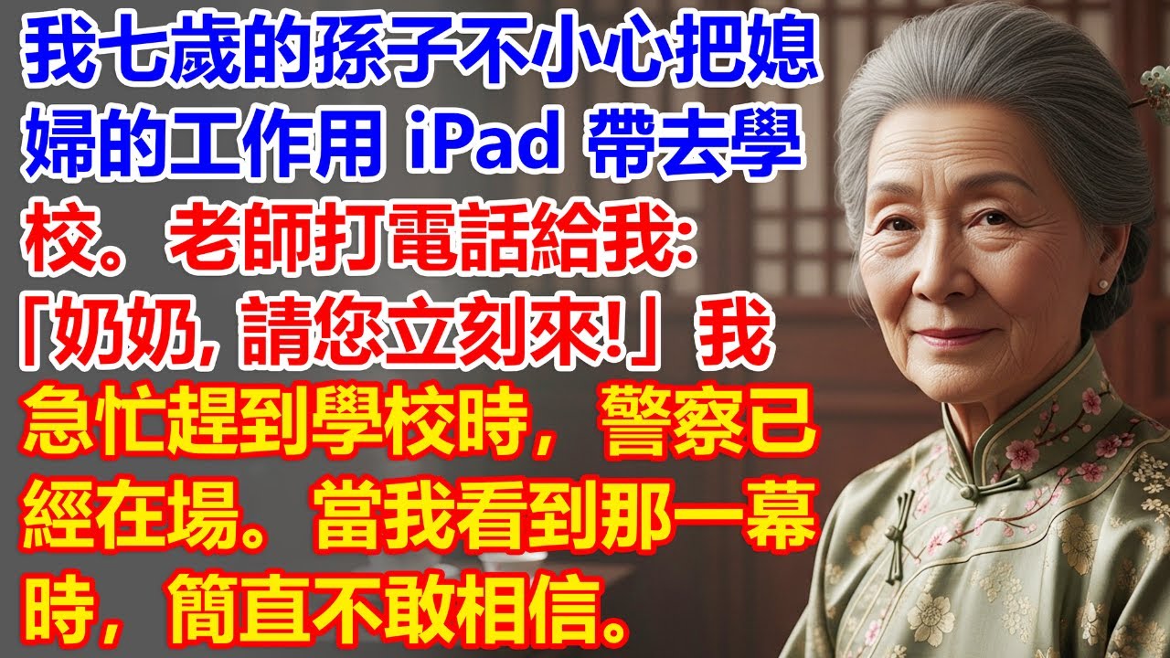 我七歲的孫子不小心把媳婦的工作用 iPad 帶去學校。老師打電話給我：「奶奶，請您立刻來！」我急忙趕到學校時，警察已經在場。當我看到那一幕時，簡直不敢相信。