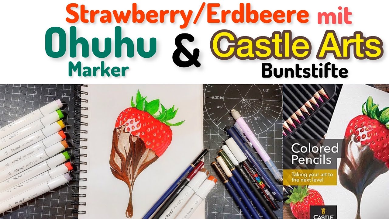 Erdbeere mit Alkoholmarker und Bunstiften nach Vorlage v. Castle Arts