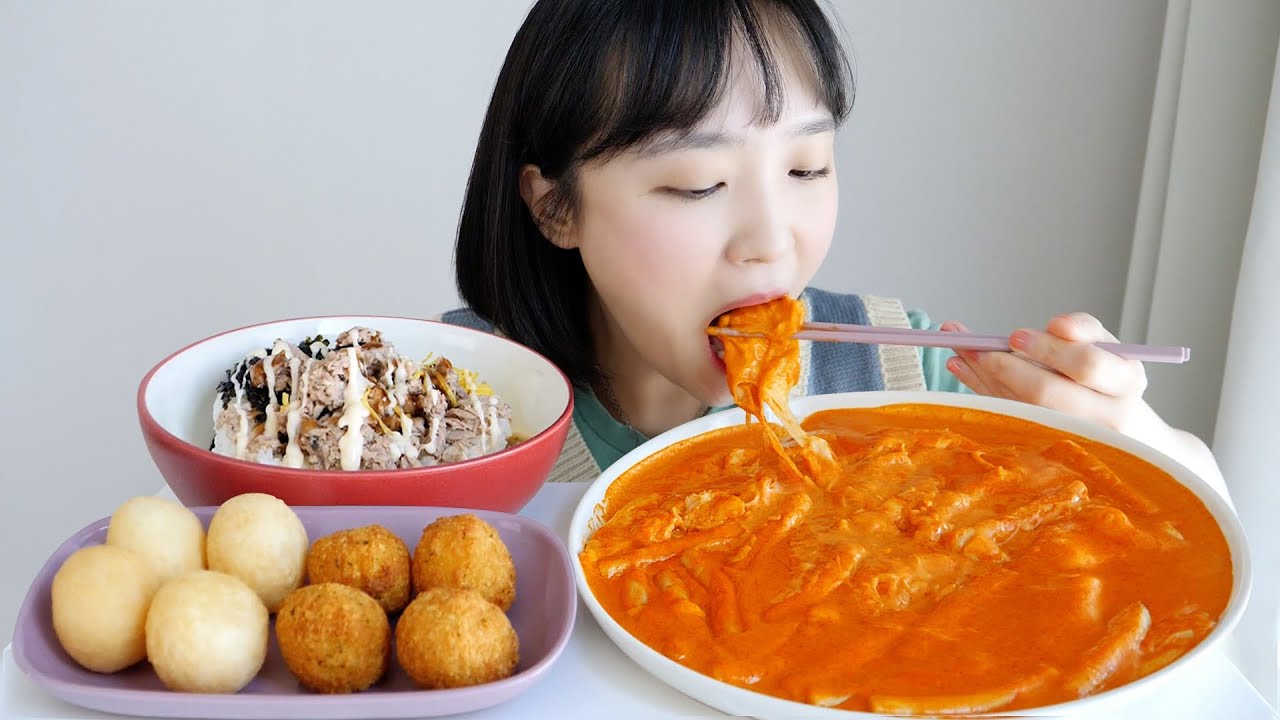 드디어!🧡신전 로제떡볶이 먹방 + 참치마요 + 크림치즈볼 고구마치즈볼 REAL SOUND, MUKBANG | Tteokbokki,cheeseball :D