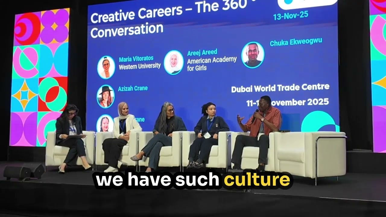 GESS Conference 2025. Ms V,  Areej, Azizah, Maya and Chuka on creativity in career choices.