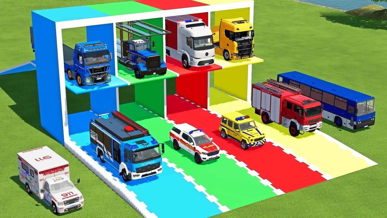 TRANSPORTING MERCEDES MINI BUS, VOLKSWAGEN POLICE, FORD POLICE, MERCEDES FIRE TRUCK TO GARAGE | FS22
