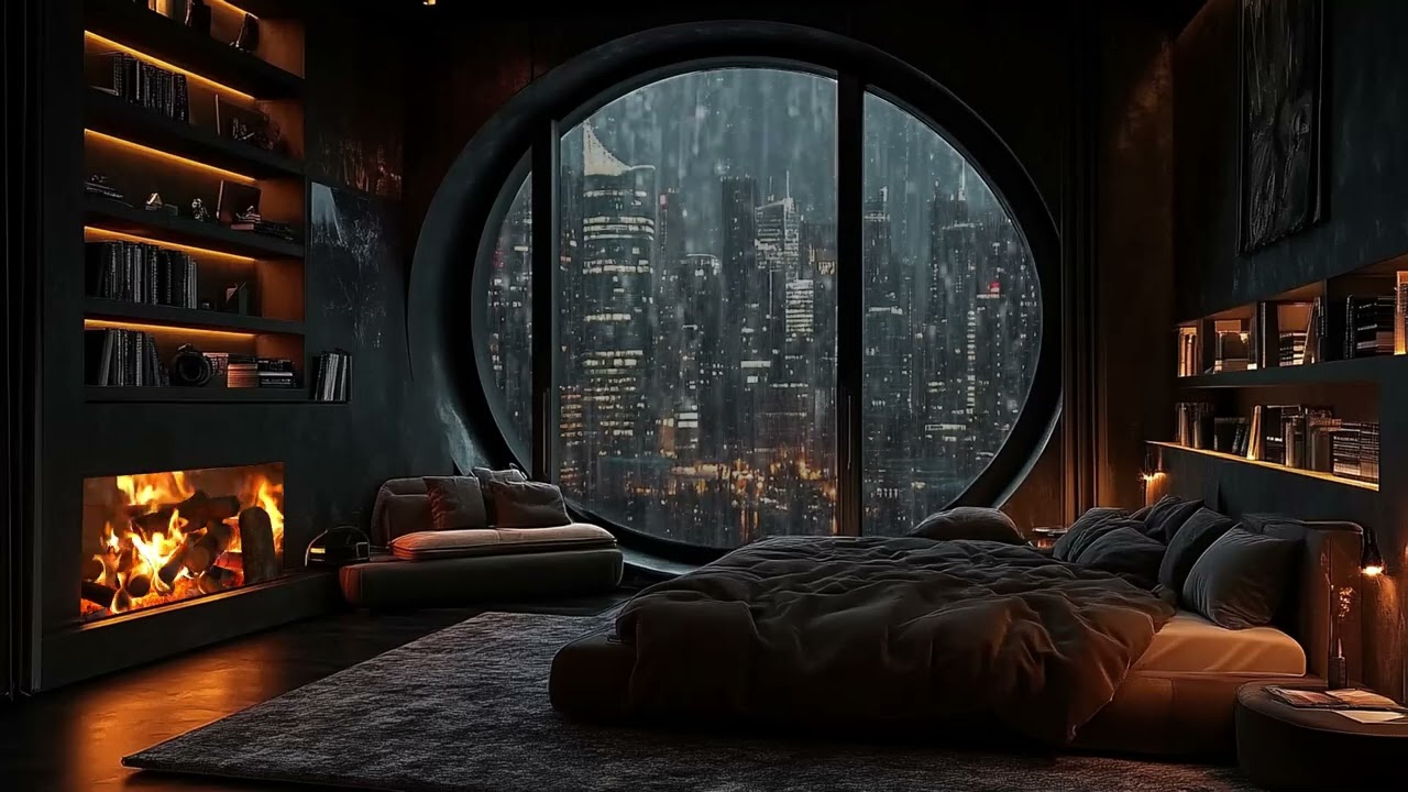 Rainy Night in a Cozy City Apartment with Fireplace Sounds for Peaceful Sleep and Stress Relief
