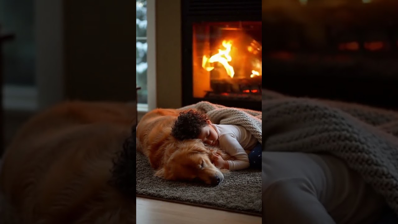 🐶Sleeping Dog with their kid by Fireplace 247  🔥Crackling Fire Sounds