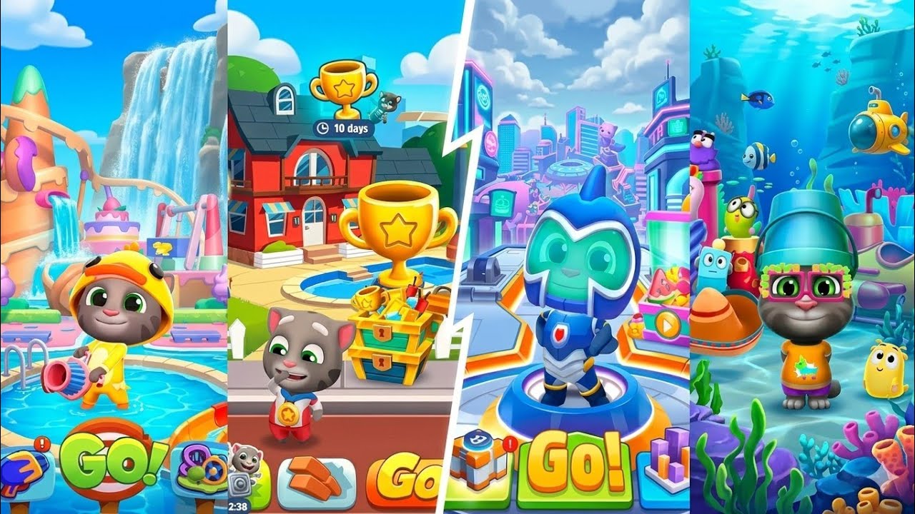 Talking Tom Blast Park vs Talking Tom Gold Run vs Talking Tom Hero Dash vs My Talking Tom 2 Gameplay