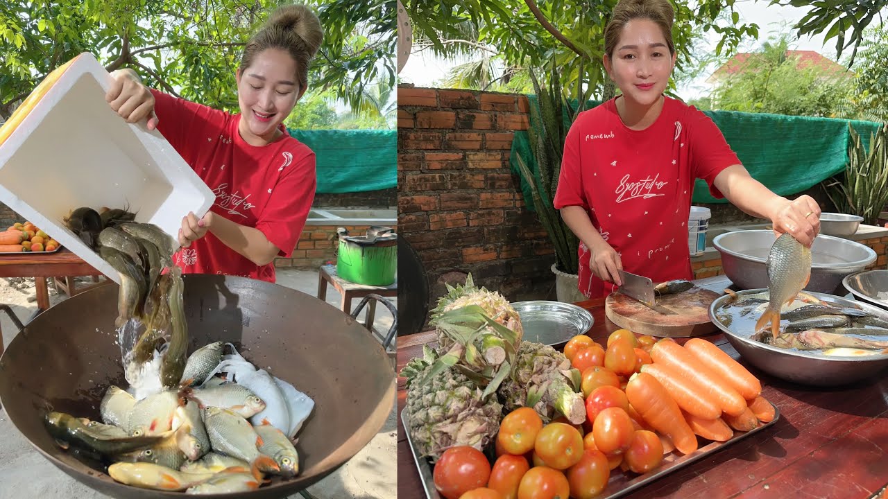 Yummy Squid, Fresh river fish, Catfish cooking - Mommy Chef Sros | Cooking with Sros