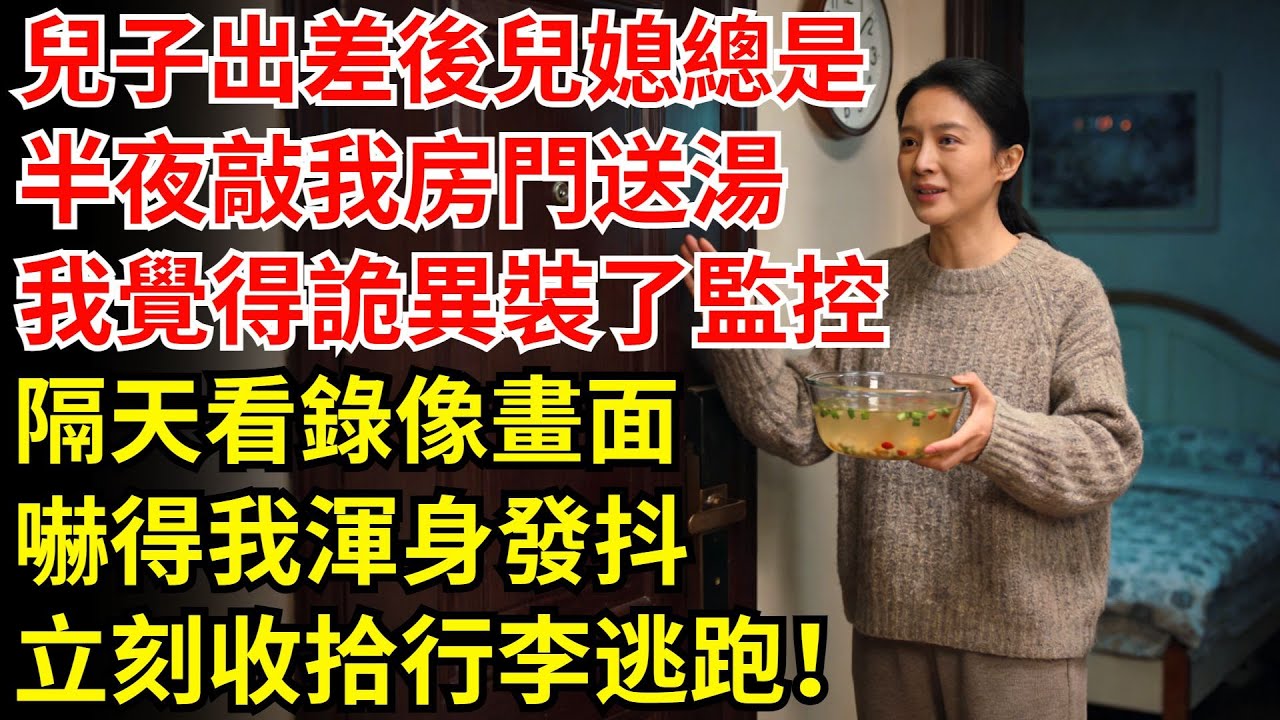兒子出差後，兒媳總是半夜敲我房門送湯，我覺得詭異裝了監控，隔天看錄像畫面，嚇得我渾身發抖，立刻收拾行李逃跑！#老年故事#兒媳 #情感故事 #監控 #錄像 #出差