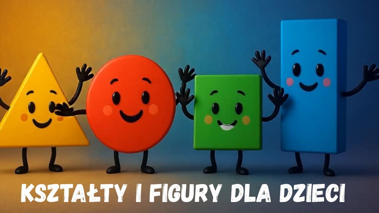 Wesołe kształty - nauka figur dla dzieci. Koło, kwadrat, tr&oacute;jkąt i prostokąt. Dzieci uczą się figur.
