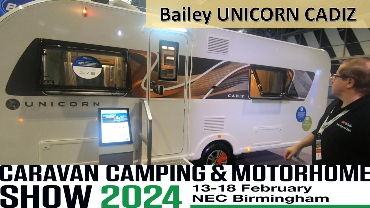 NEC Caravan Show 2024 Bailey Unicorn Cadiz englischer mittelgroßer Wohnwagen mit Einzelbetten