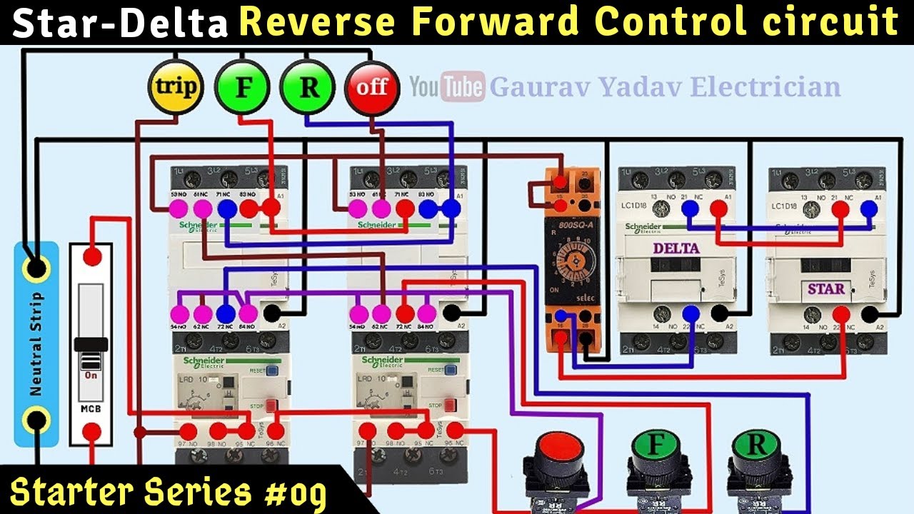 #09 Reverse Forward Star Delta Starter control circuit diagram with indicator