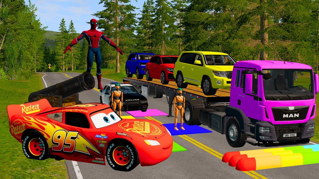 Triple Flatbed Trailer McQueen Transportation with Truck - Speedbumps vs Cars vs Train - BeamNG #42