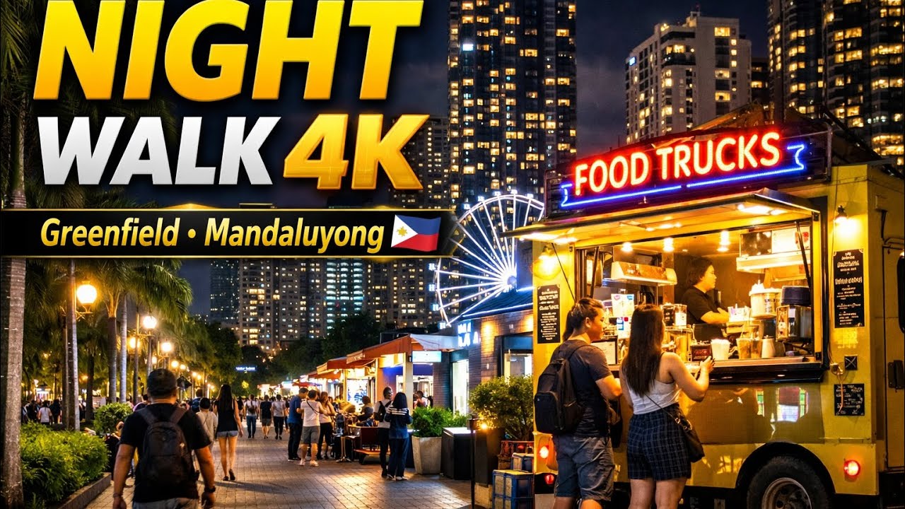 Greenfield District Night Walk 4K 🇵🇭 | 20-Min Walking Tour | Food Trucks & City Lights | Mandaluyong