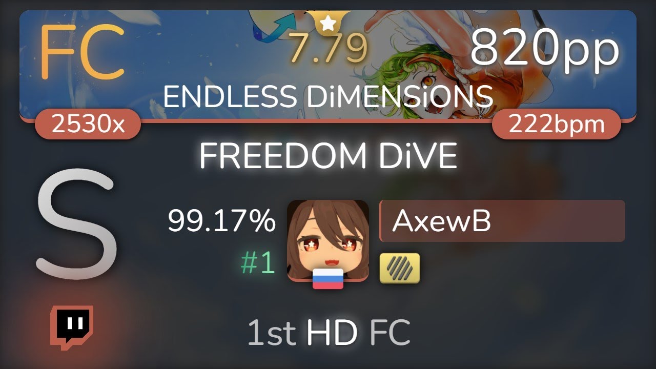 [7.79⭐Live] AxewB | xi - FREEDOM DiVE [ENDLESS DiMENSiONS] 1st +HD FC 99.17% {#1 820pp FC} - osu!