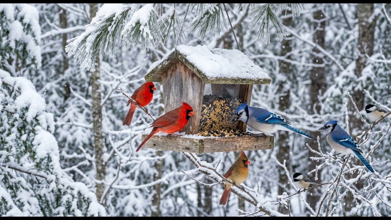 🔴SNOWY Birds Feeder 24/7 | ❄️Cardinals, Blue Jays & Squirrels ❄️