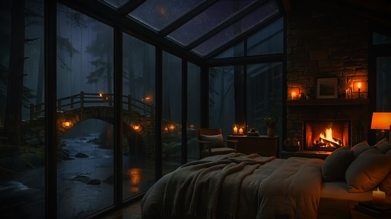 Heavy Rain Sounds for Sleeping 🌧️ Rain on Glass Cabin with Fireplace | Cozy Forest Night Ambience