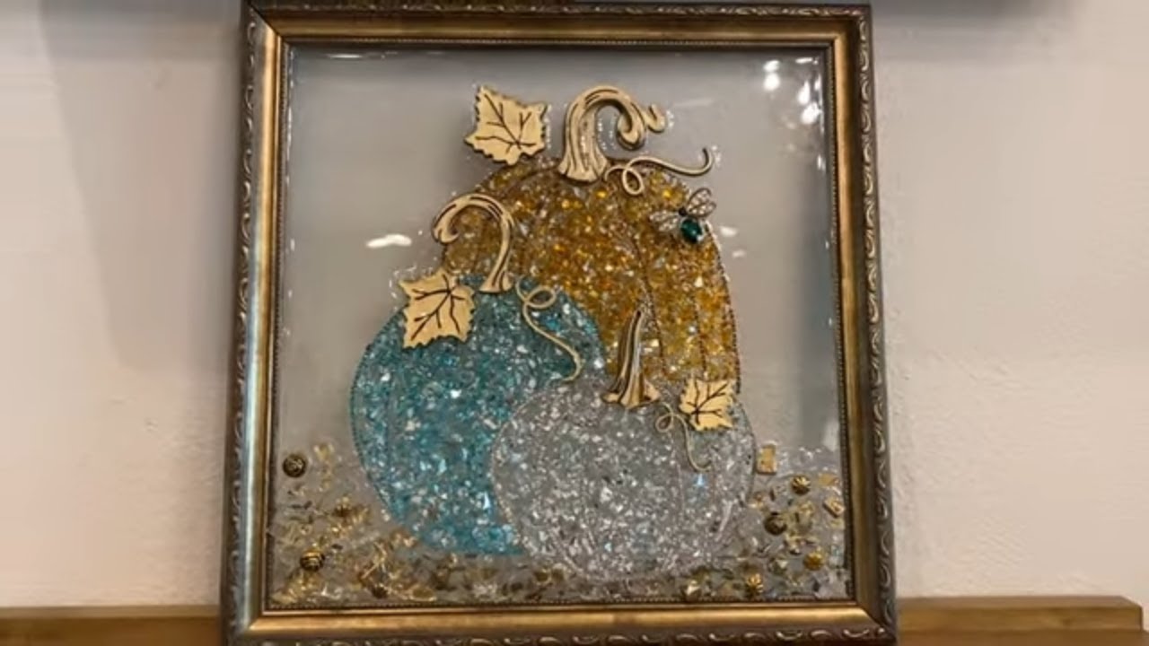 # 205 3 FALL PUMPKINS WITH GLASS AND RESIN CRUSHED GLASS ART RESIN ART