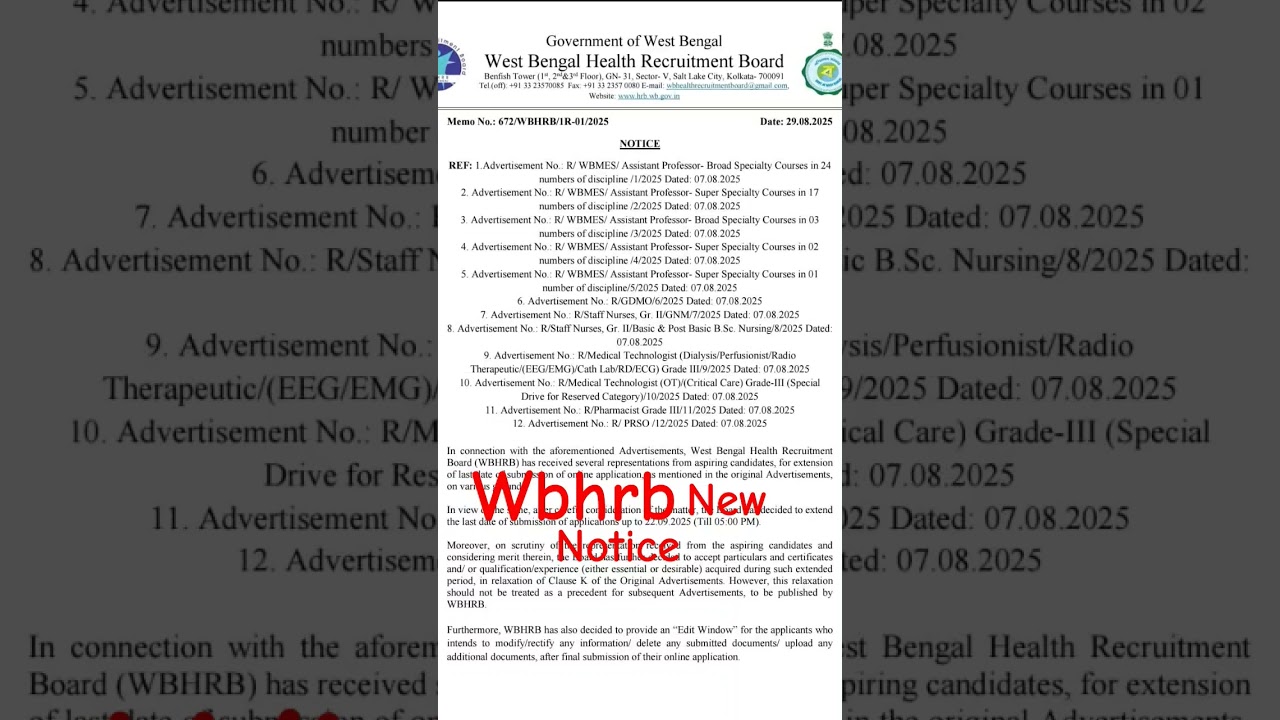 WBHRB new notice extension 22/9 and edit 23/9/25// #wbhrb #wb #health #recruitment #like #comment