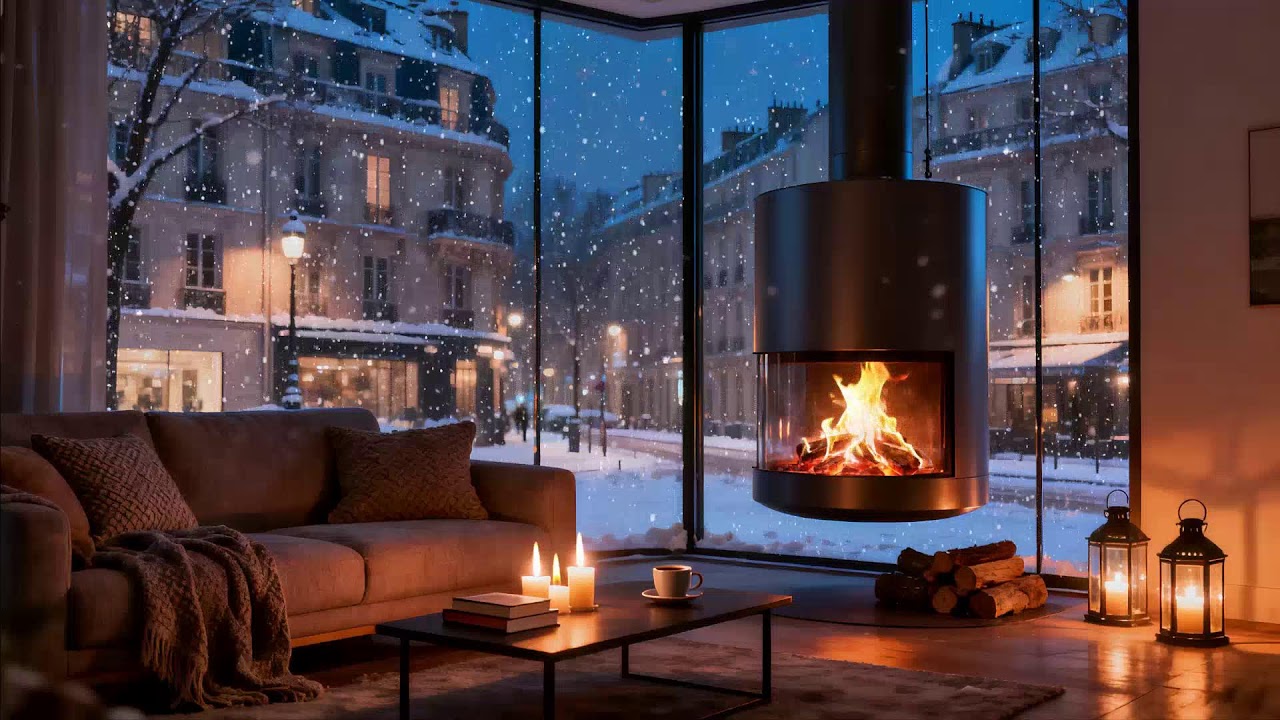 Snow Covered City at Blue Hour 🔥 Modern Fireplace Glow