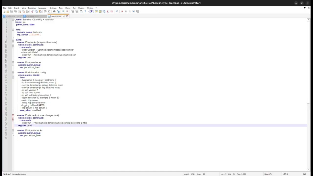 Basic Ansible baseline push and validation in GNS3