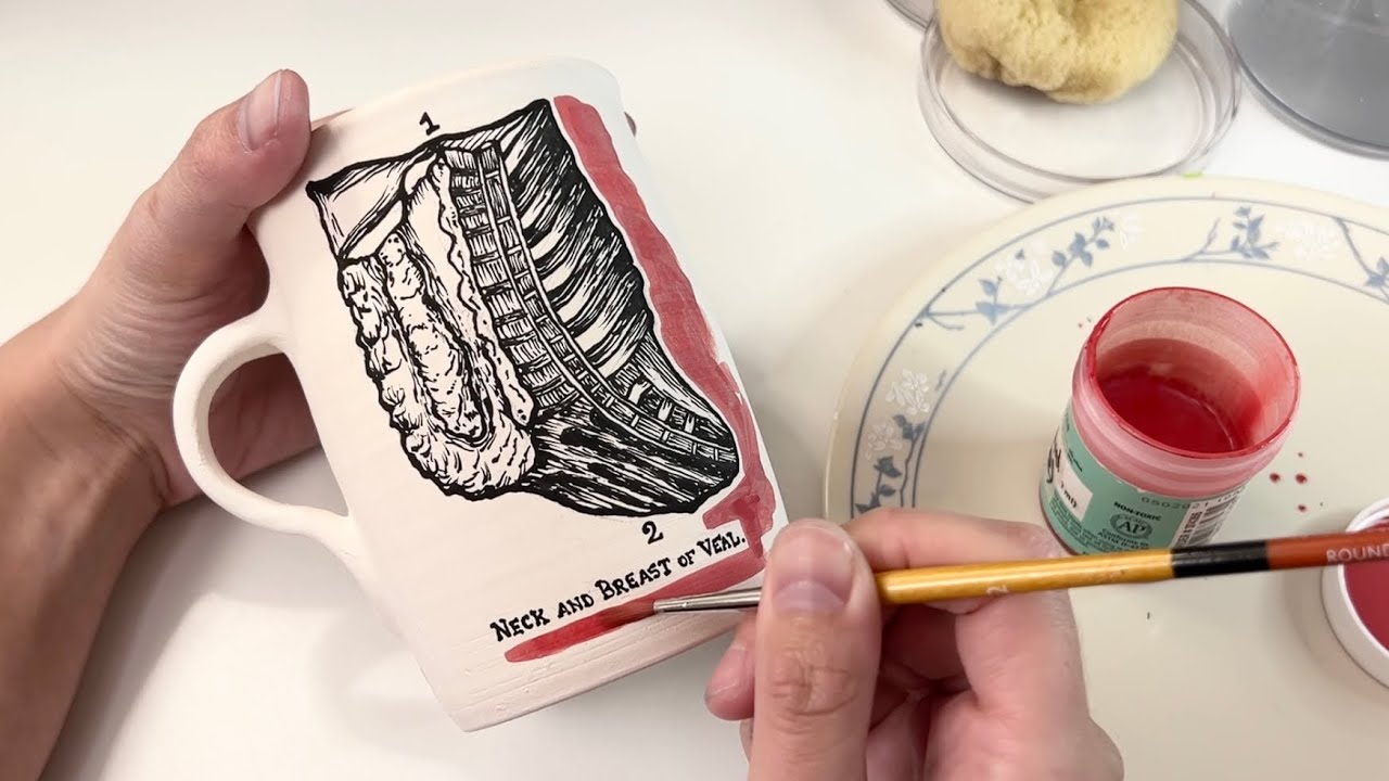 Painting Pottery with Vintage Meat Illustrations