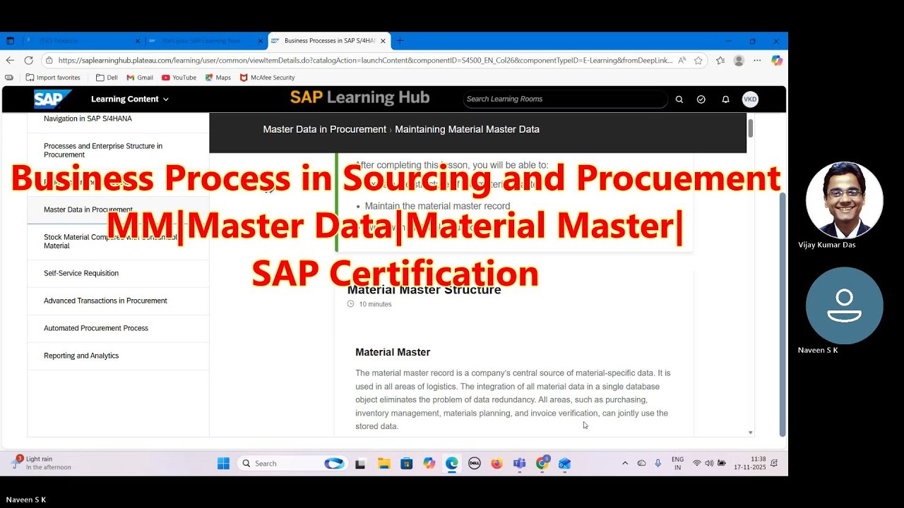 SAP MM S4HANA|Business Process in SAP S4HANA Sourcing Procurement|Material Master|SAP Certification